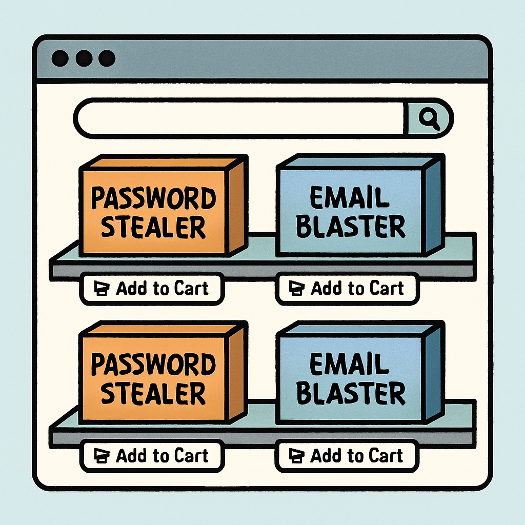 A simple illustration of a digital storefront showing shelves with boxes labeled 'Password Stealer' and 'Email Blaster'.
