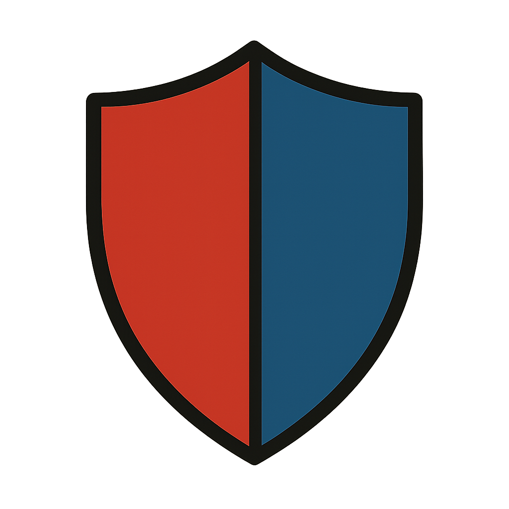 A shield icon split in two, one side red (representing attackers) and one side blue (representing defenders).