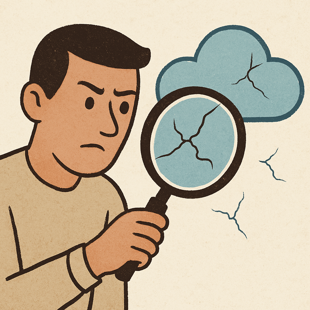 A person looking through a magnifying glass at a 'Cloud' icon, looking for small cracks or holes.